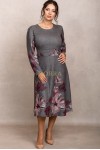 Rochie Andrada din tricot gri inchis cu imprimeu floral, maneca lunga si catarama in talie